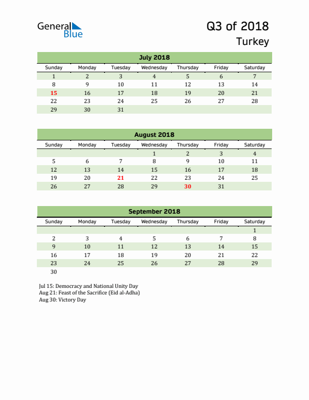 Quarterly Calendar 2018 with Turkey Holidays