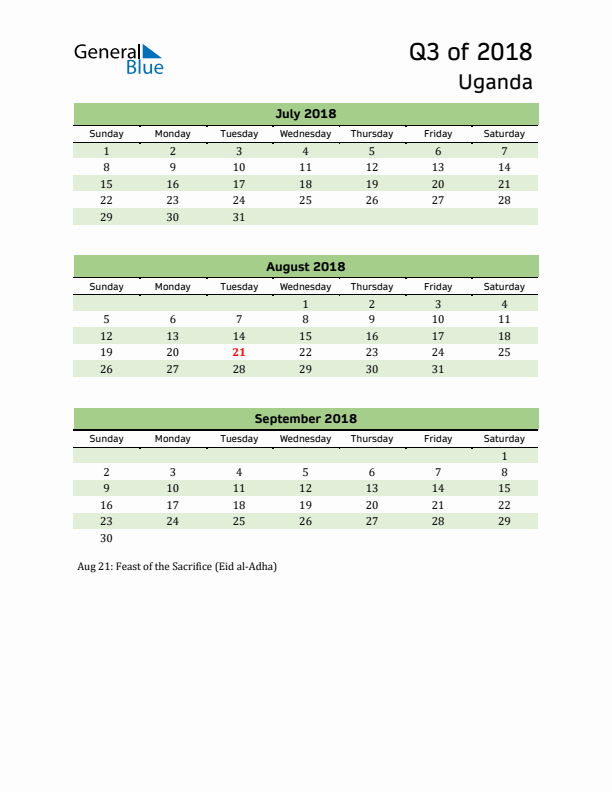 Quarterly Calendar 2018 with Uganda Holidays