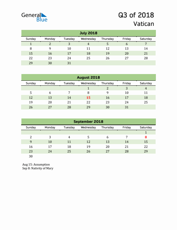 Quarterly Calendar 2018 with Vatican Holidays