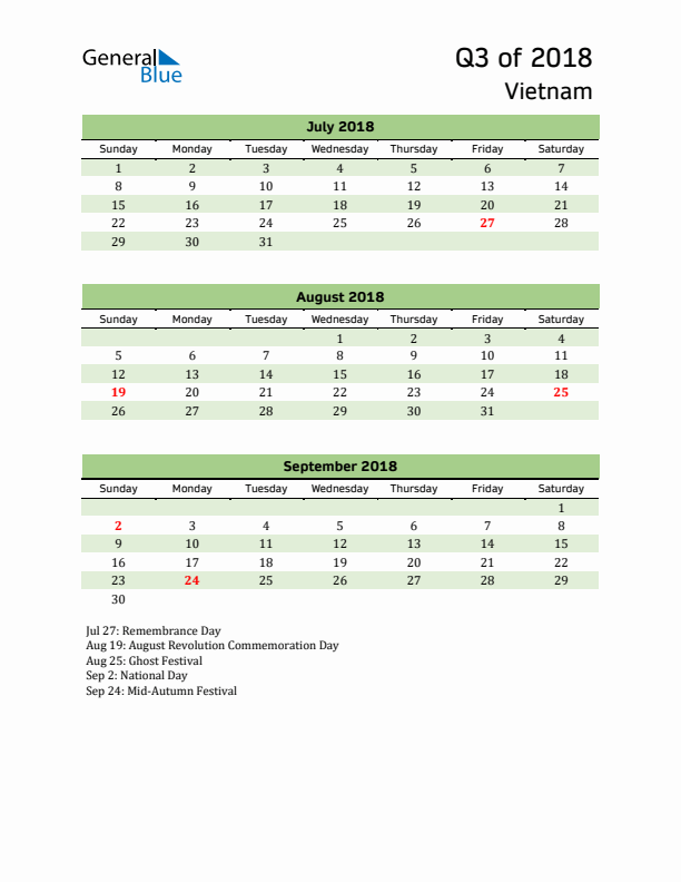 Quarterly Calendar 2018 with Vietnam Holidays