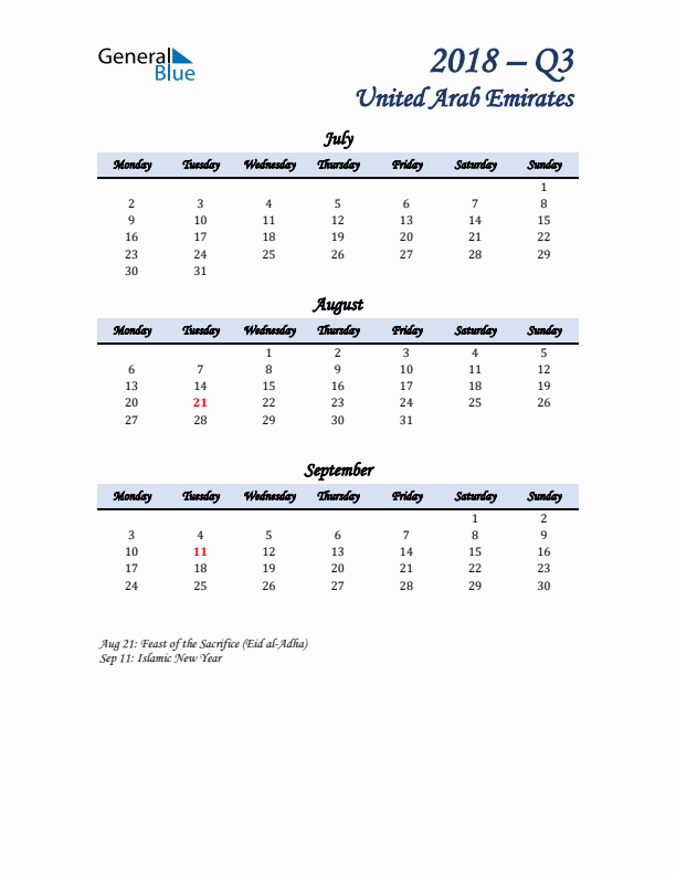 July, August, and September Calendar for United Arab Emirates with Monday Start