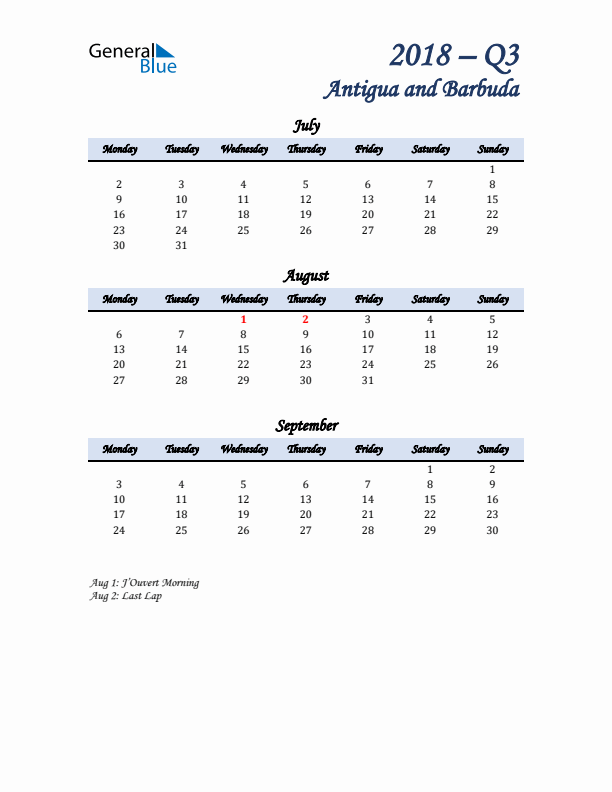 July, August, and September Calendar for Antigua and Barbuda with Monday Start