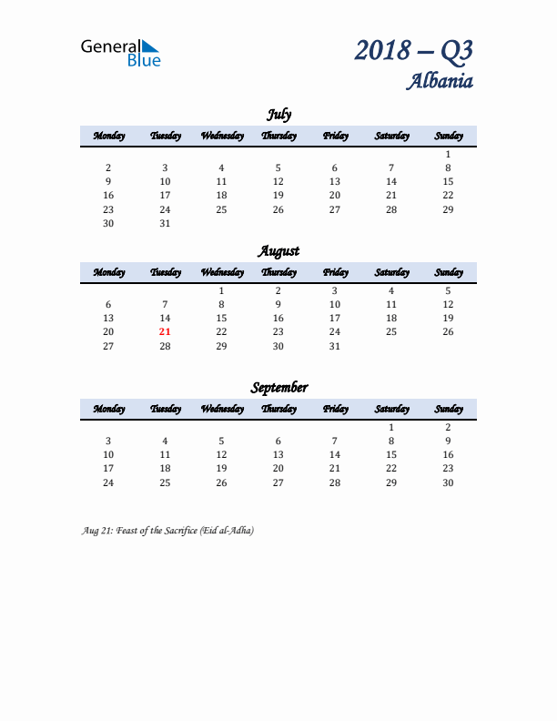 July, August, and September Calendar for Albania with Monday Start