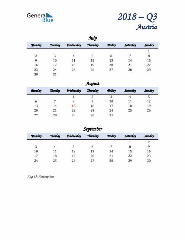 July, August, and September Calendar for Austria with Monday Start