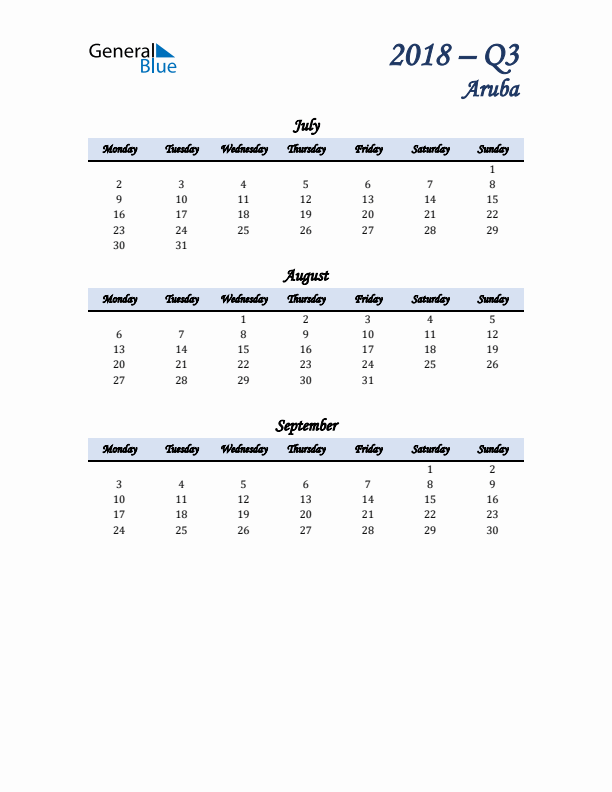 July, August, and September Calendar for Aruba with Monday Start