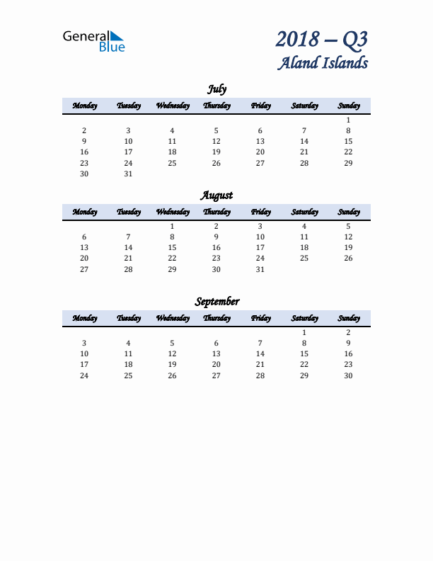 July, August, and September Calendar for Aland Islands with Monday Start