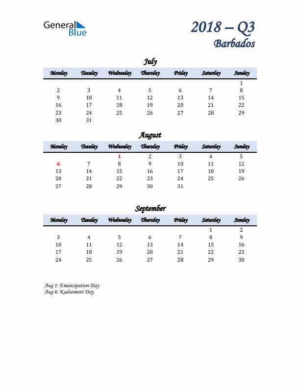 July, August, and September Calendar for Barbados with Monday Start