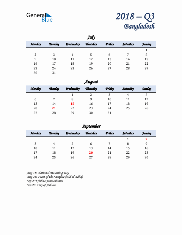 July, August, and September Calendar for Bangladesh with Monday Start