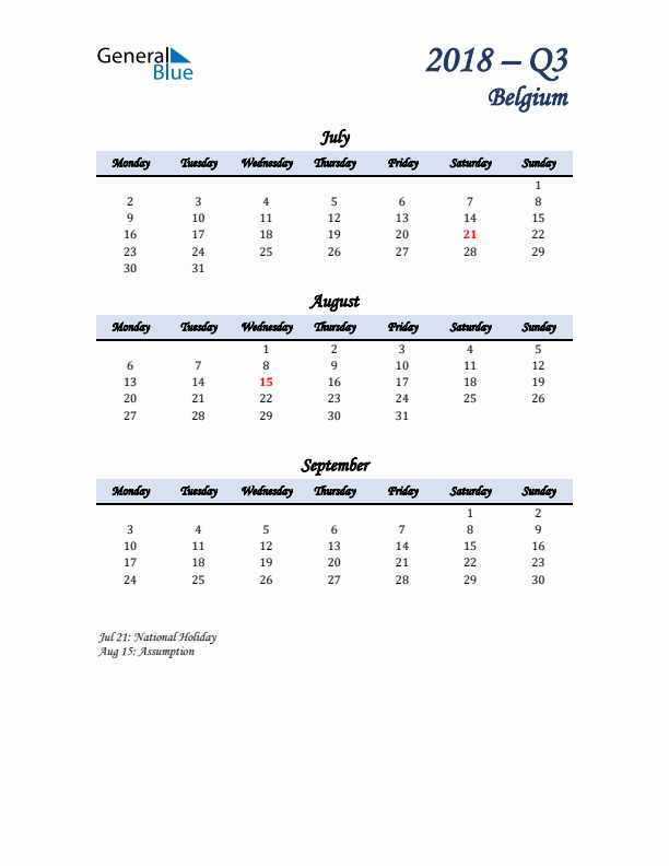 July, August, and September Calendar for Belgium with Monday Start