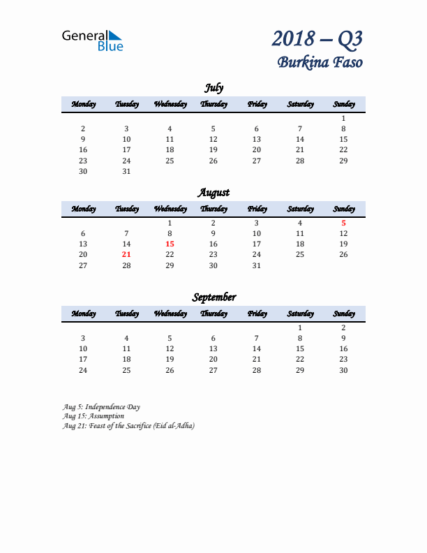 July, August, and September Calendar for Burkina Faso with Monday Start