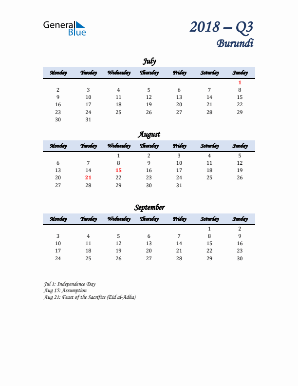 July, August, and September Calendar for Burundi with Monday Start