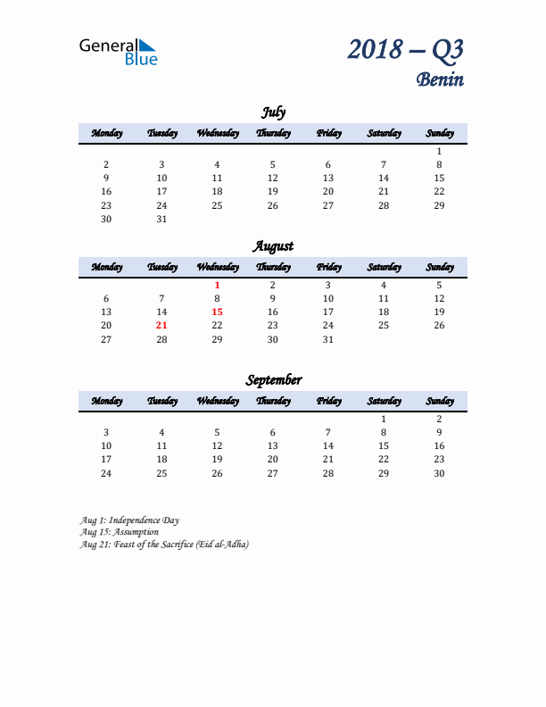 July, August, and September Calendar for Benin with Monday Start