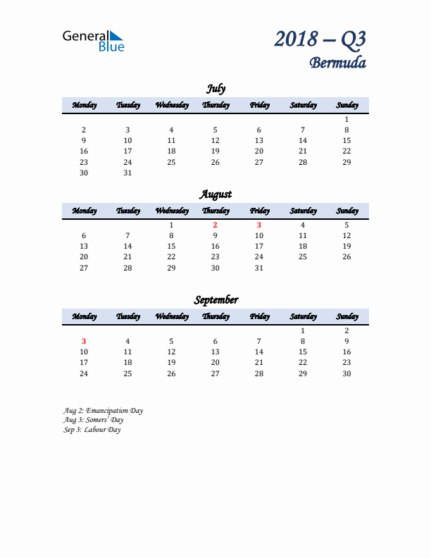 July, August, and September Calendar for Bermuda with Monday Start