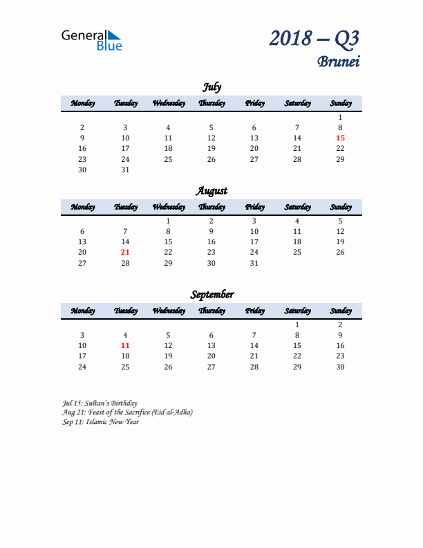 July, August, and September Calendar for Brunei with Monday Start