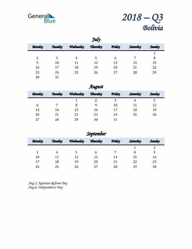 July, August, and September Calendar for Bolivia with Monday Start