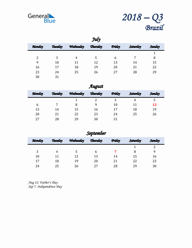 July, August, and September Calendar for Brazil with Monday Start