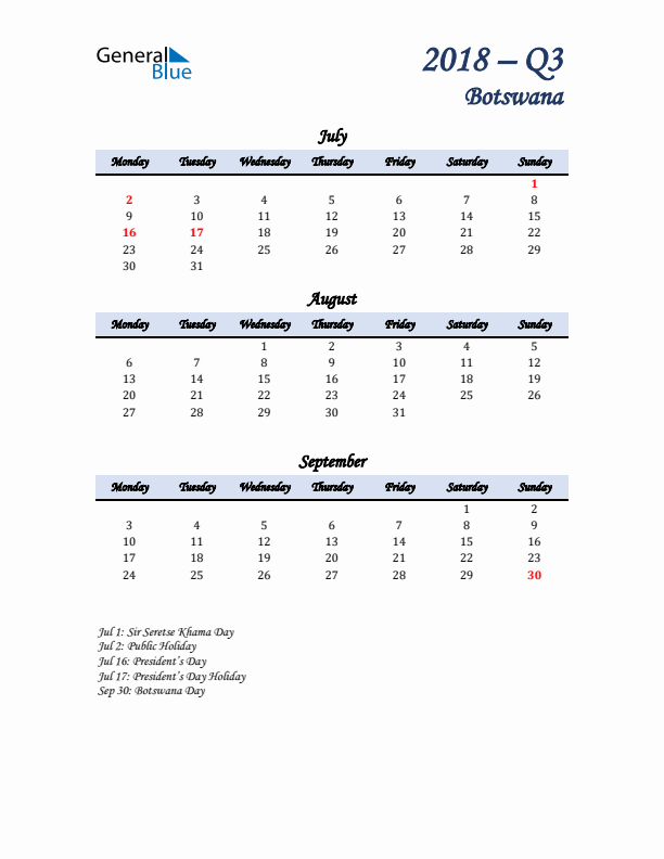 July, August, and September Calendar for Botswana with Monday Start