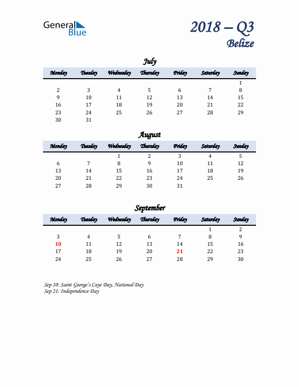 July, August, and September Calendar for Belize with Monday Start