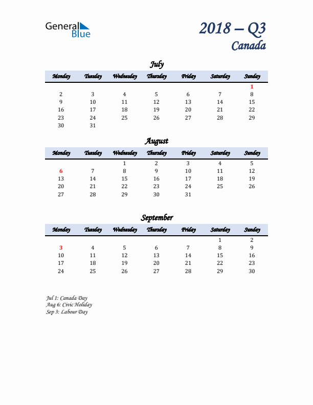 July, August, and September Calendar for Canada with Monday Start