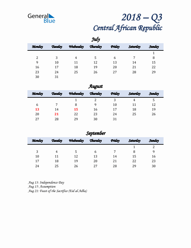 July, August, and September Calendar for Central African Republic with Monday Start