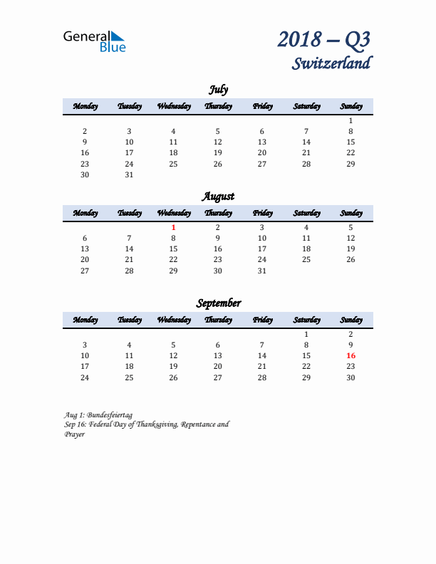 July, August, and September Calendar for Switzerland with Monday Start