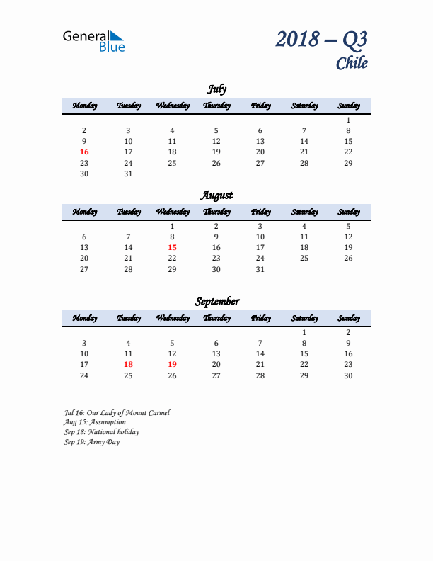 July, August, and September Calendar for Chile with Monday Start