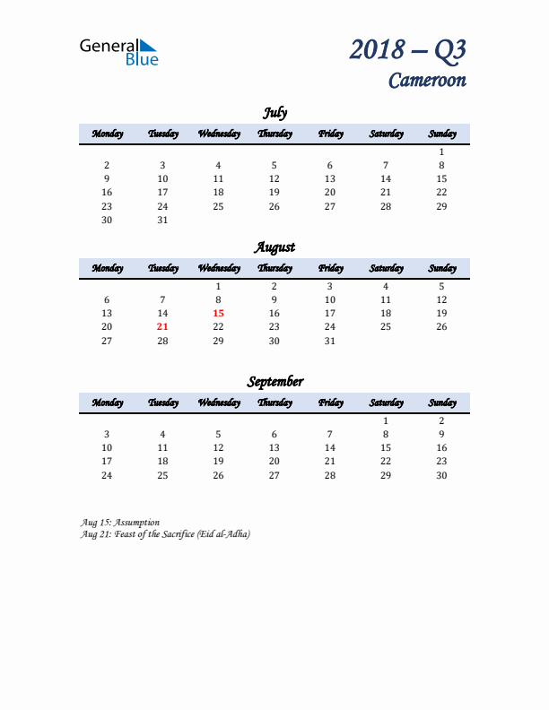 July, August, and September Calendar for Cameroon with Monday Start