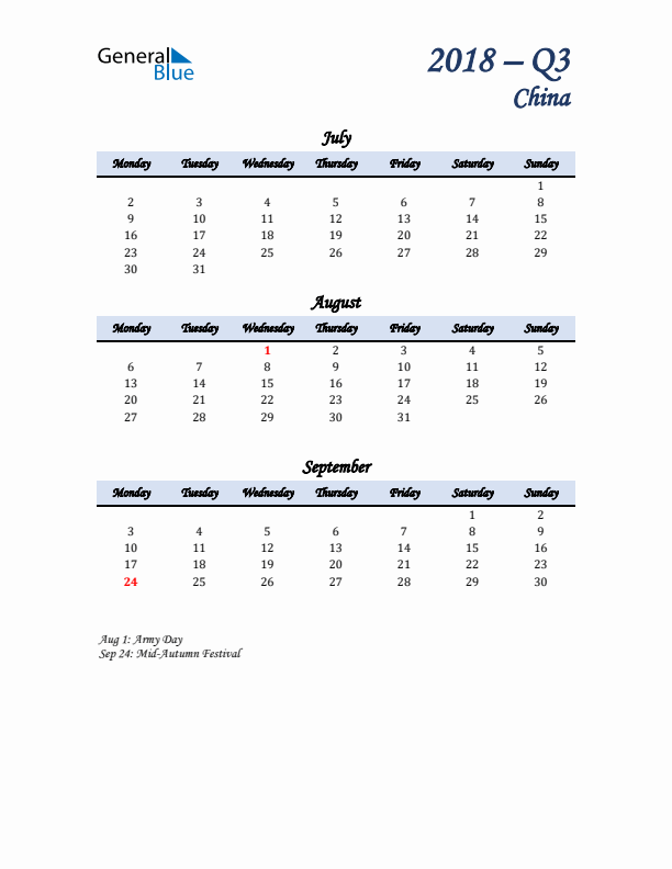 July, August, and September Calendar for China with Monday Start