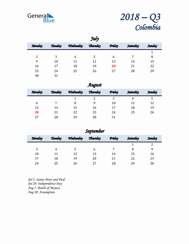 July, August, and September Calendar for Colombia with Monday Start