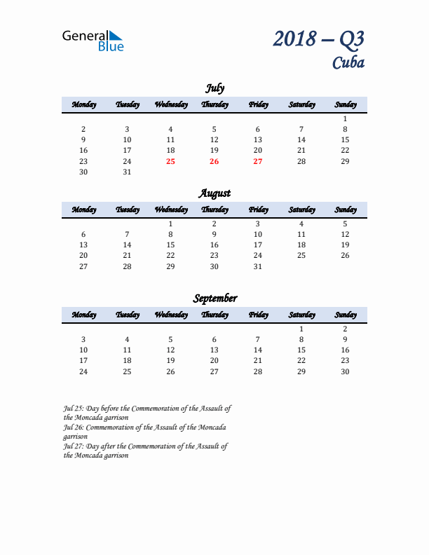 July, August, and September Calendar for Cuba with Monday Start