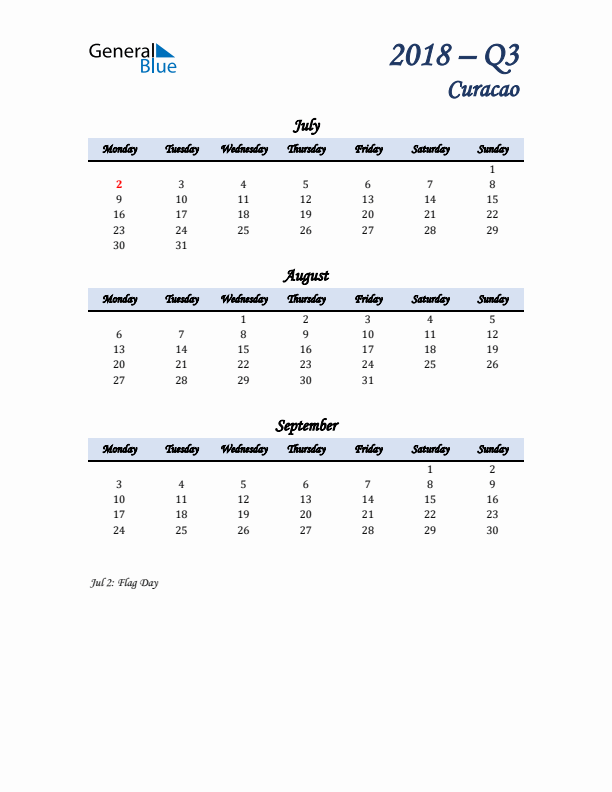 July, August, and September Calendar for Curacao with Monday Start