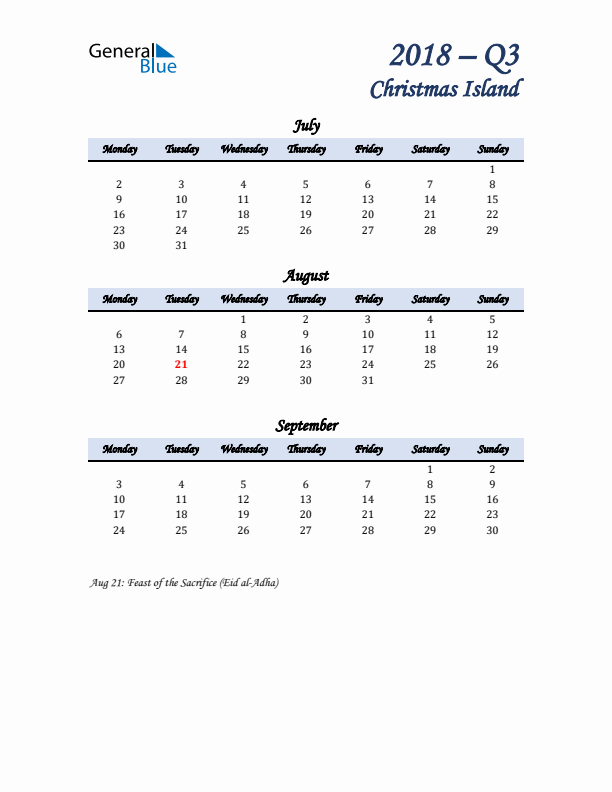 July, August, and September Calendar for Christmas Island with Monday Start