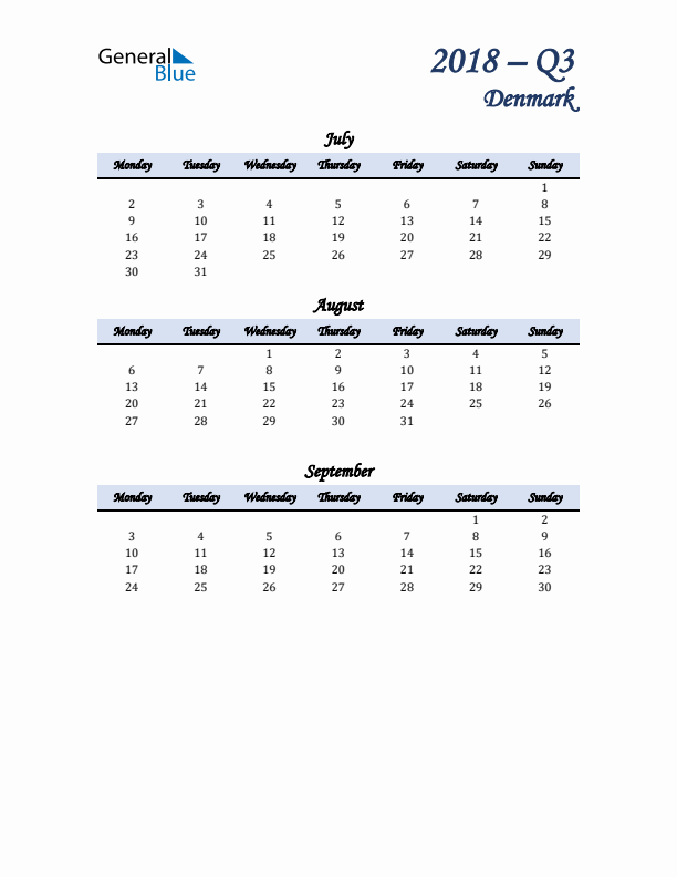 July, August, and September Calendar for Denmark with Monday Start