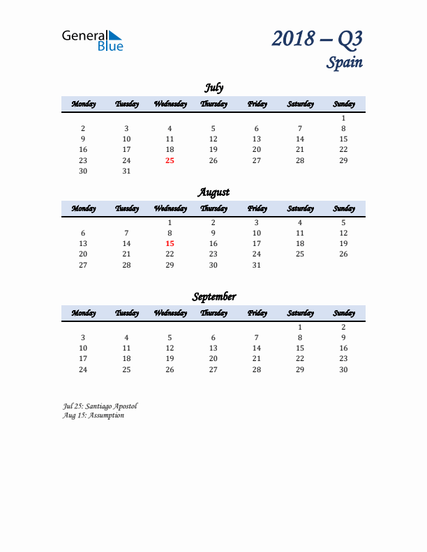 July, August, and September Calendar for Spain with Monday Start