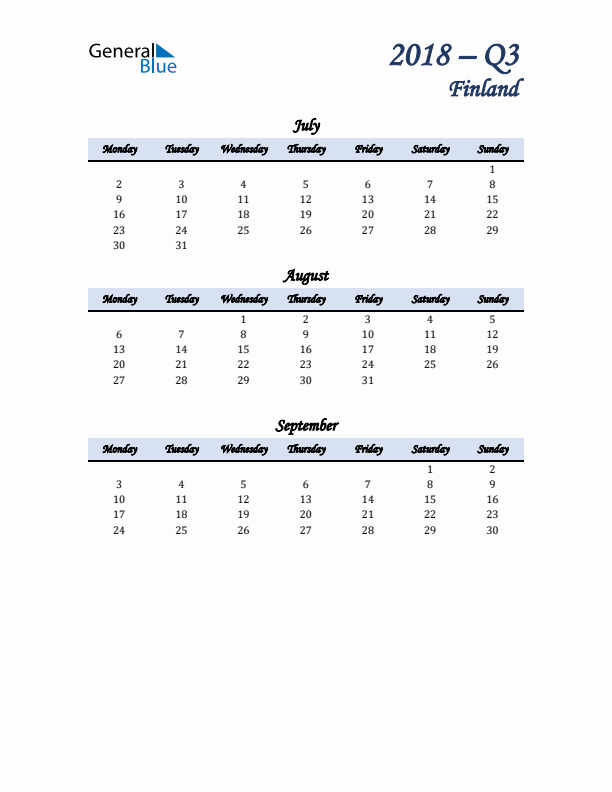 July, August, and September Calendar for Finland with Monday Start