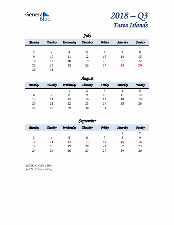 July, August, and September Calendar for Faroe Islands with Monday Start