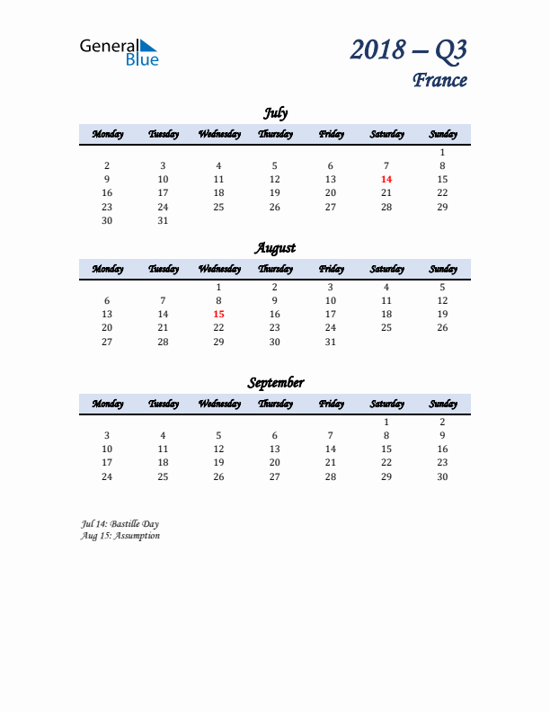 July, August, and September Calendar for France with Monday Start