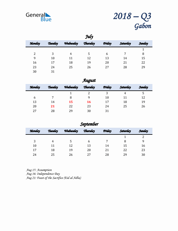 July, August, and September Calendar for Gabon with Monday Start