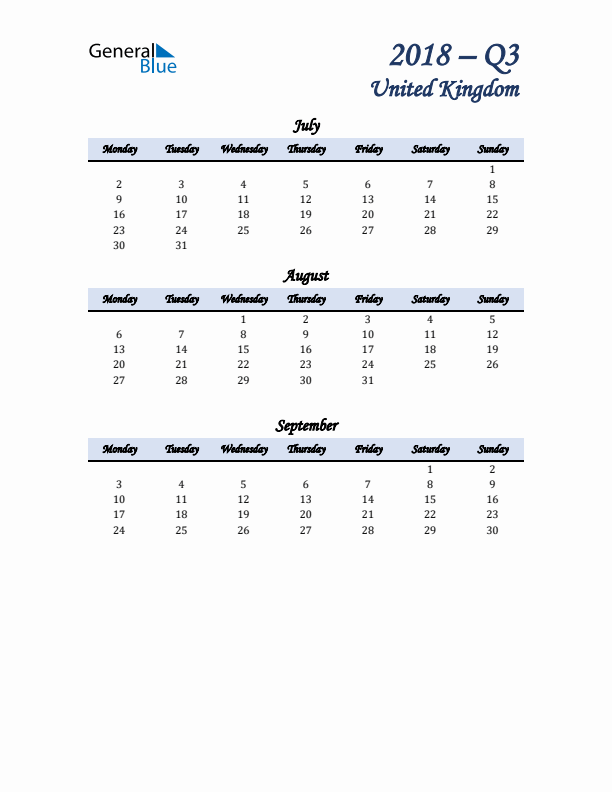 July, August, and September Calendar for United Kingdom with Monday Start