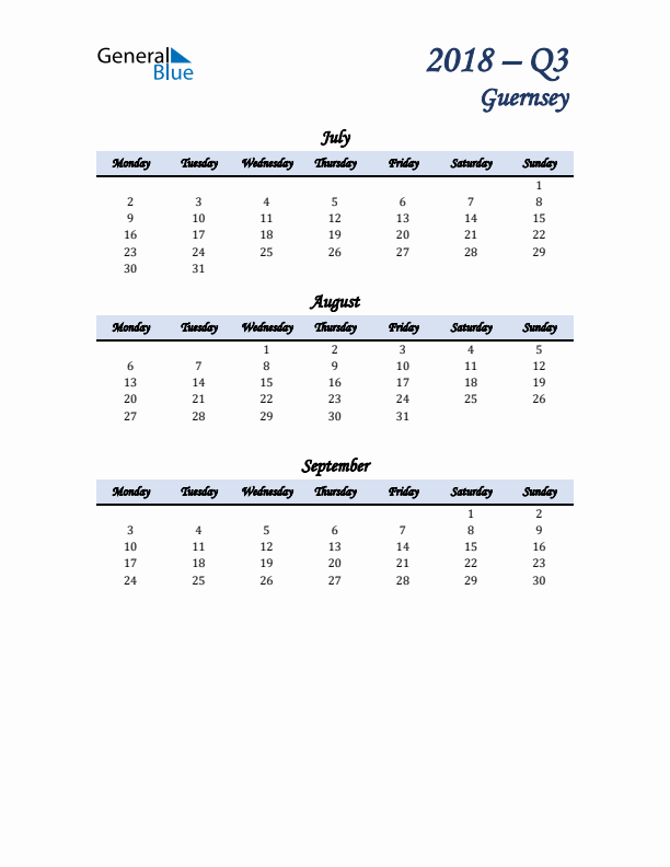 July, August, and September Calendar for Guernsey with Monday Start