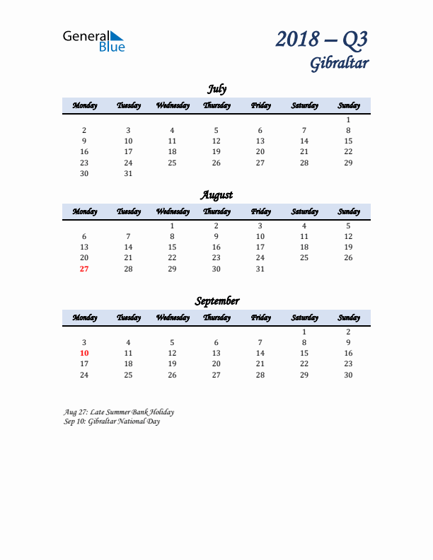 July, August, and September Calendar for Gibraltar with Monday Start