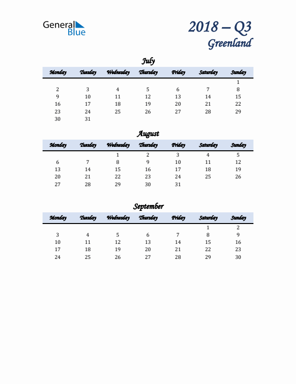 July, August, and September Calendar for Greenland with Monday Start