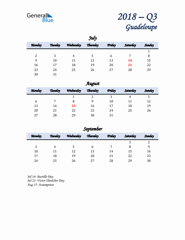 July, August, and September Calendar for Guadeloupe with Monday Start