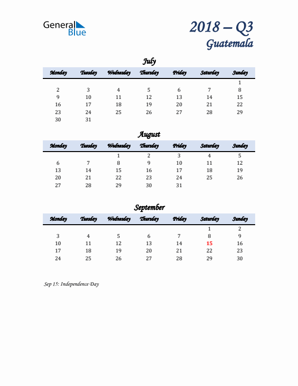 July, August, and September Calendar for Guatemala with Monday Start