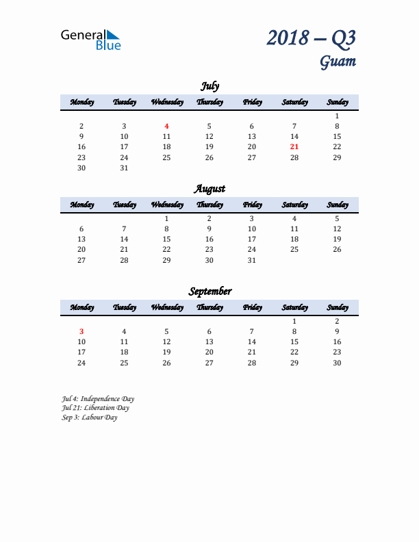 July, August, and September Calendar for Guam with Monday Start