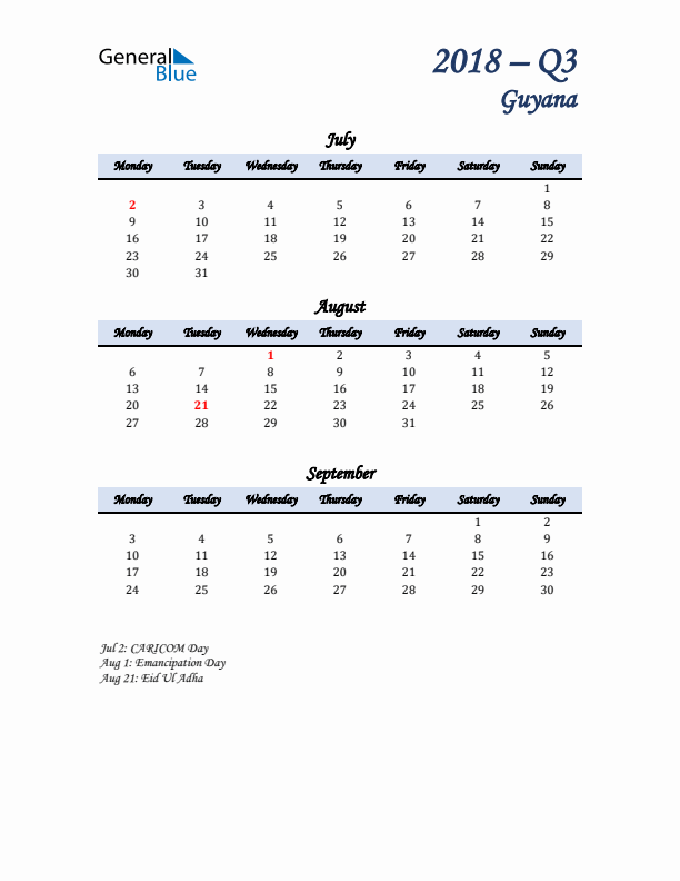 July, August, and September Calendar for Guyana with Monday Start