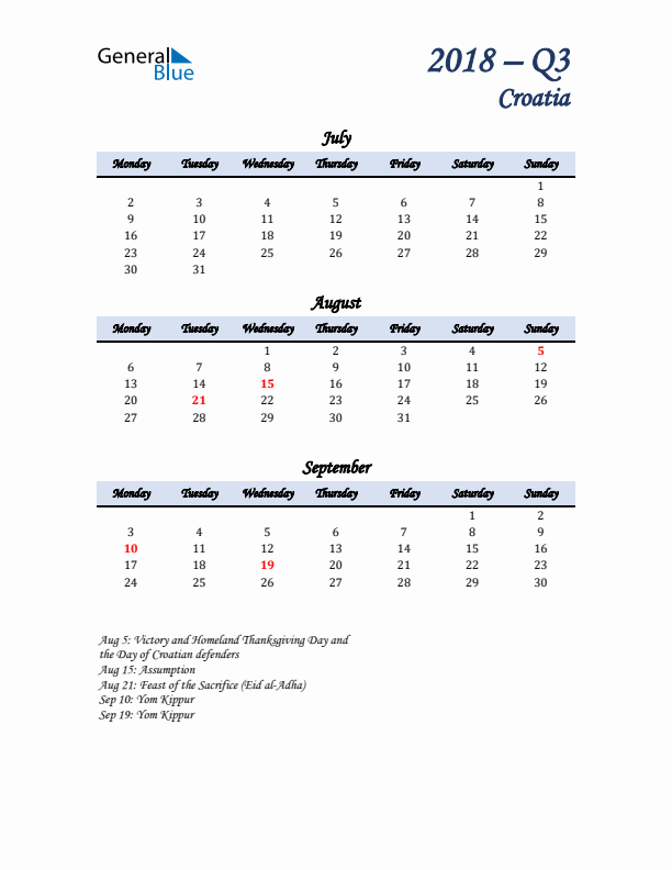 July, August, and September Calendar for Croatia with Monday Start