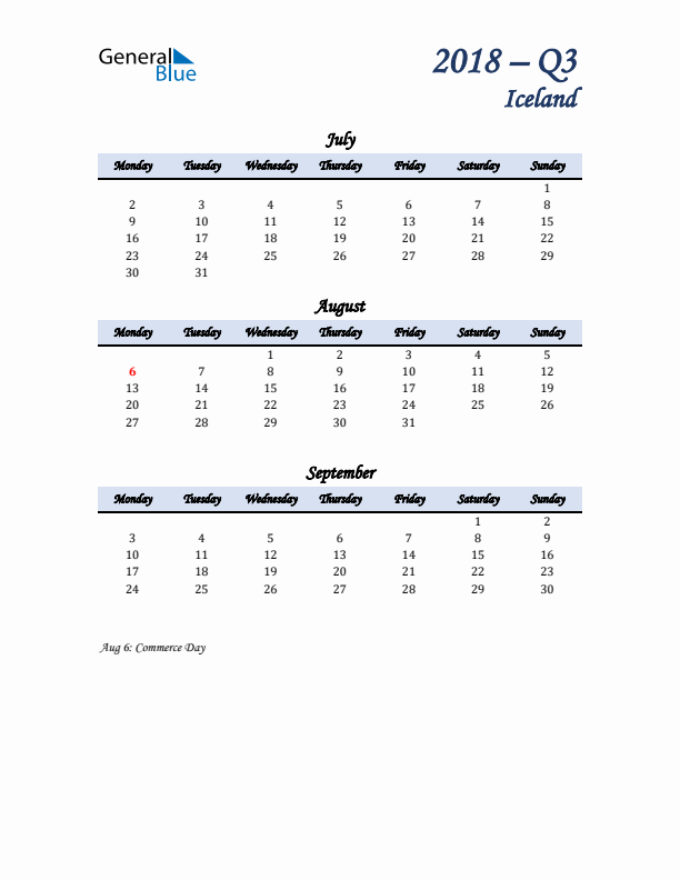 July, August, and September Calendar for Iceland with Monday Start