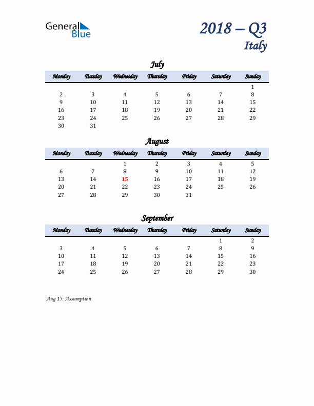 July, August, and September Calendar for Italy with Monday Start