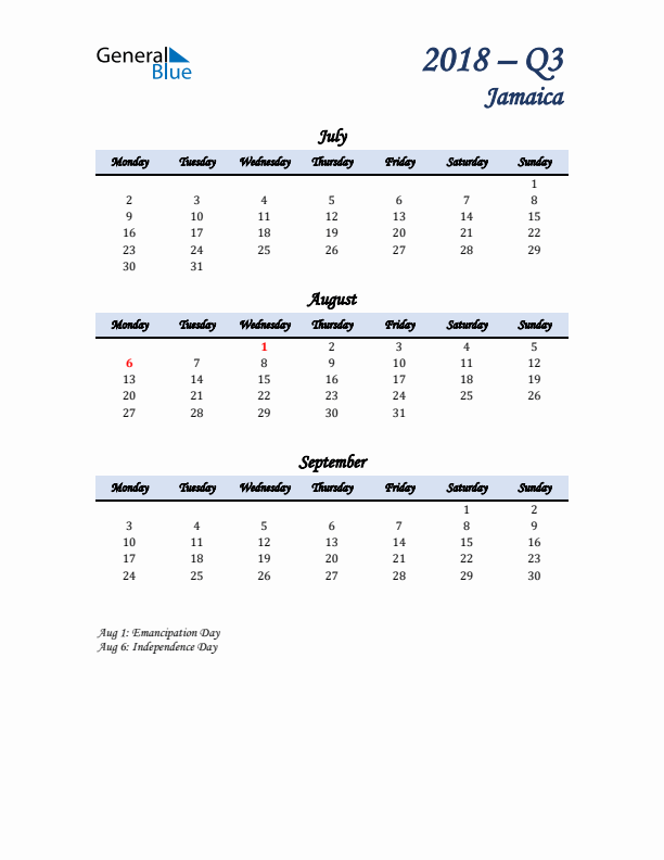 July, August, and September Calendar for Jamaica with Monday Start